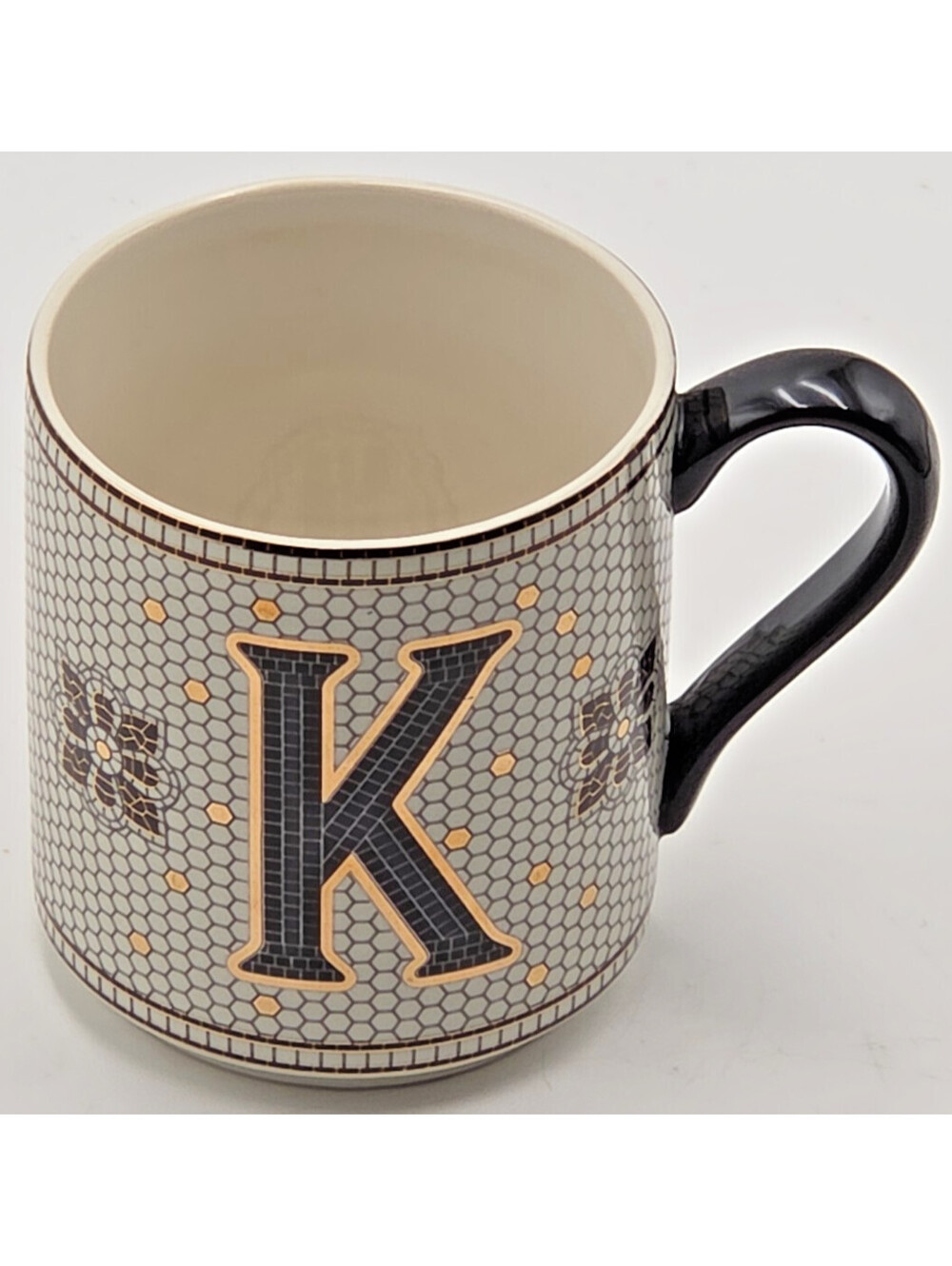Anthropologie Tiled Margot K Monogram Mug Bistro Tile Gold Black Gray 15 oz